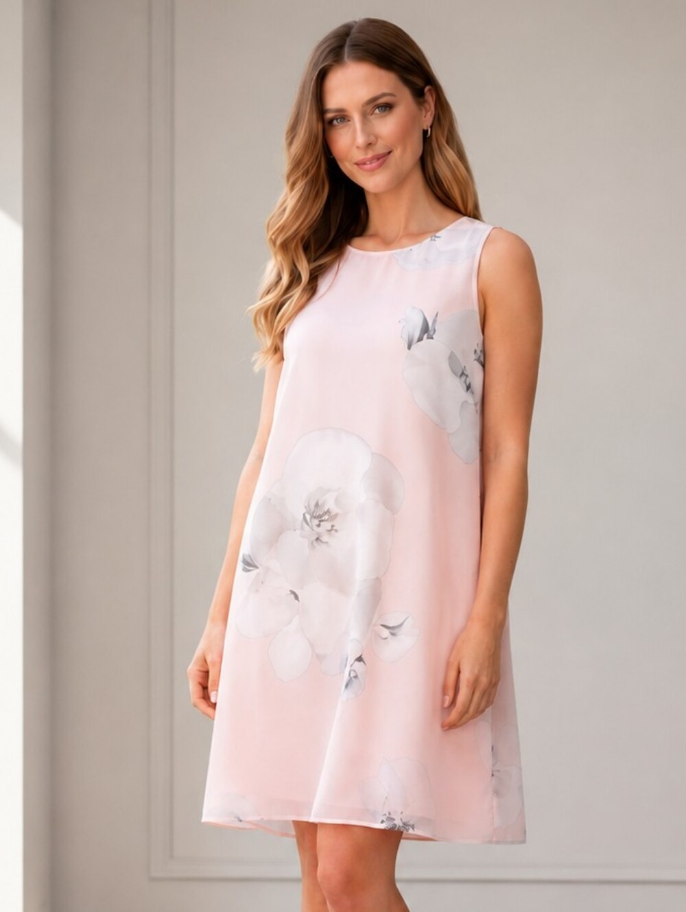 Calvin Klein Soft Pink Gray and White Floral Print Sleeveless Dress Size 4P